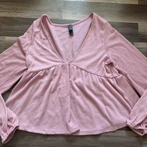 Alya Blush Ribbed V-Neck Blouse